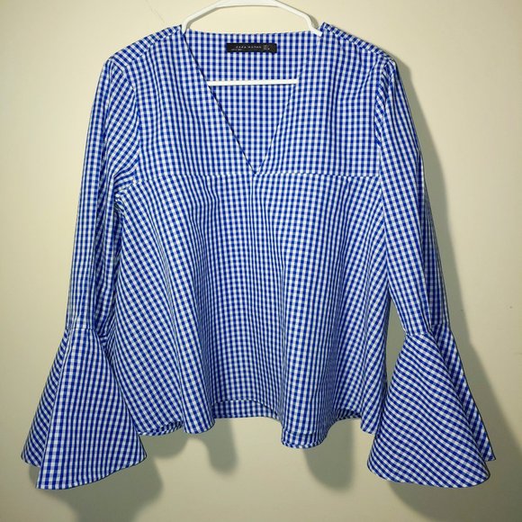 Zara Tops - Zara Women Gingham Bell Sleeve Blouse Size Large Blue